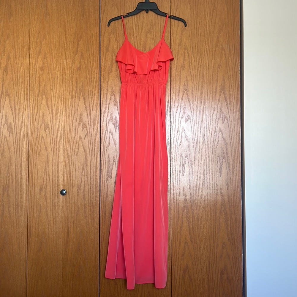 Summery ruffle top dress in melon color, floor length size S